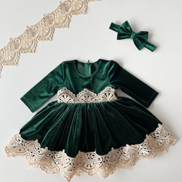 Green Christmas Dress, Toddler Christmas Dress, Green Velvet Dress Girl, Holiday Clothing, Christmas Outfit