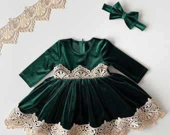 Green Christmas Dress, Toddler Christmas Dress, Green Velvet Dress Girl, Holiday Clothing, Christmas Outfit