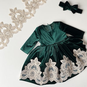 Green Velvet Christmas Dress: Handmade Holiday Outfit with Headband