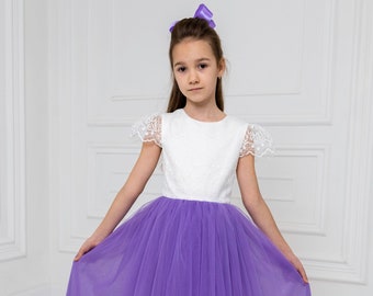 Ivory Satin & Purple Tulle Flower Girl Dress: Lace Detail
