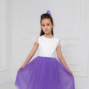 Ivory Satin & Purple Tulle Flower Girl Dress: Lace Detail