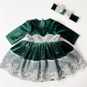 Velvet Emerald Green Christmas Dress with Lace Headband