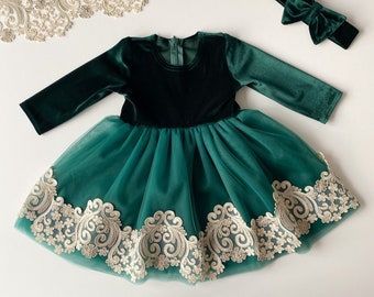 Green Christmas Dress, Toddler Christmas Dress, Green Velvet Dress Girl, Holiday Clothing, Christmas Outfit, Tulle Dress