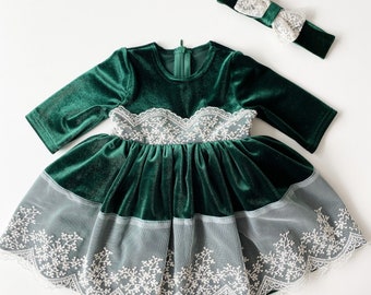 Green dress girls, Christmas dress baby, Toddler Christmas dress, velvet green dress with lace