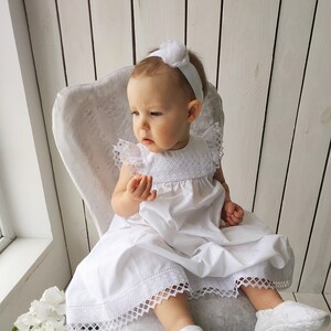 White Silk Christening Gown: Baby Girl Baptism Dress with Lace Headband