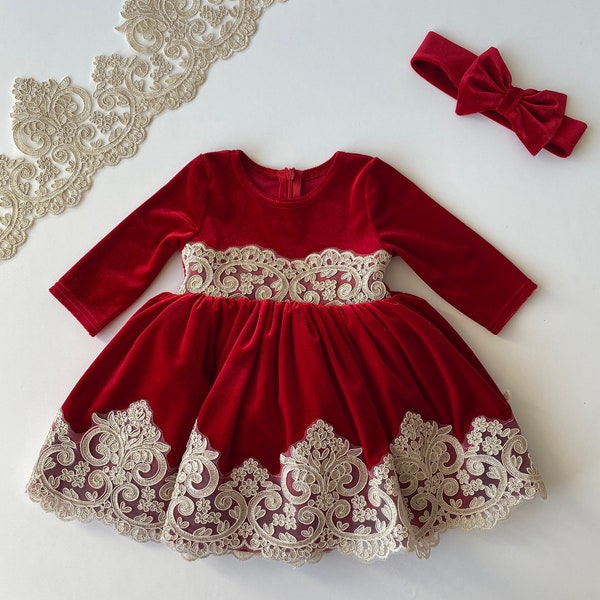 Red velvet dress, baby girl dress, velvet baby girl dress, special occasion dress, red flower girl dress toddler