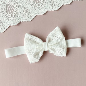 Baby baptism headband, baby girl headband with a bow, ivory lace bow headband, baptism favors image 2