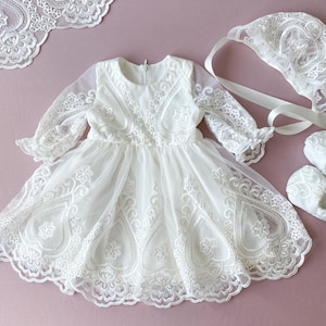 Baby Girl Christening Gown: Ivory Lace Baptism Dress with Bonnet & Booties