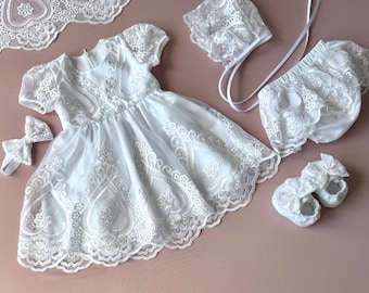 White Cotton Christening Gown: Lace Bonnet, Baptism Outfit