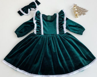 Green emerald dress, baby christmas dress, first christmas dress, christmas outfit, green velvet dress, toddler christmas