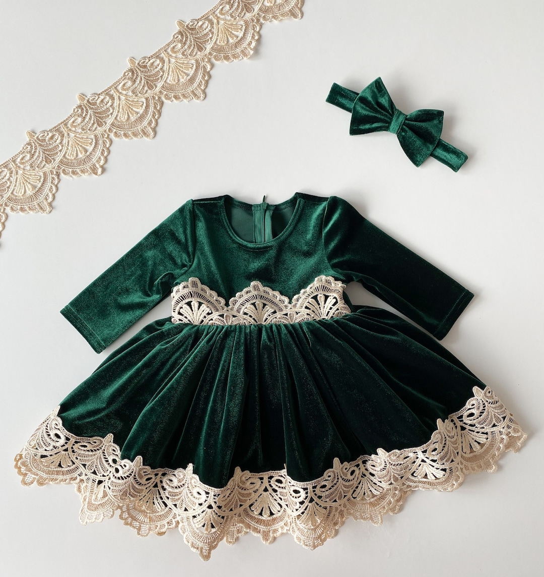 Green Christmas Dress, Toddler Christmas Dress, Green Velvet Dress Girl