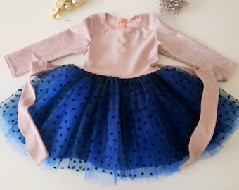 Navy blue tutu dress baby girl dress pink flower girl dress