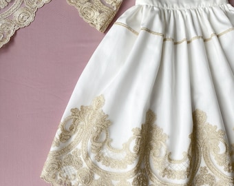 Ivory Baptism Dress: Baby Girl Christening Gown with Gold Lace