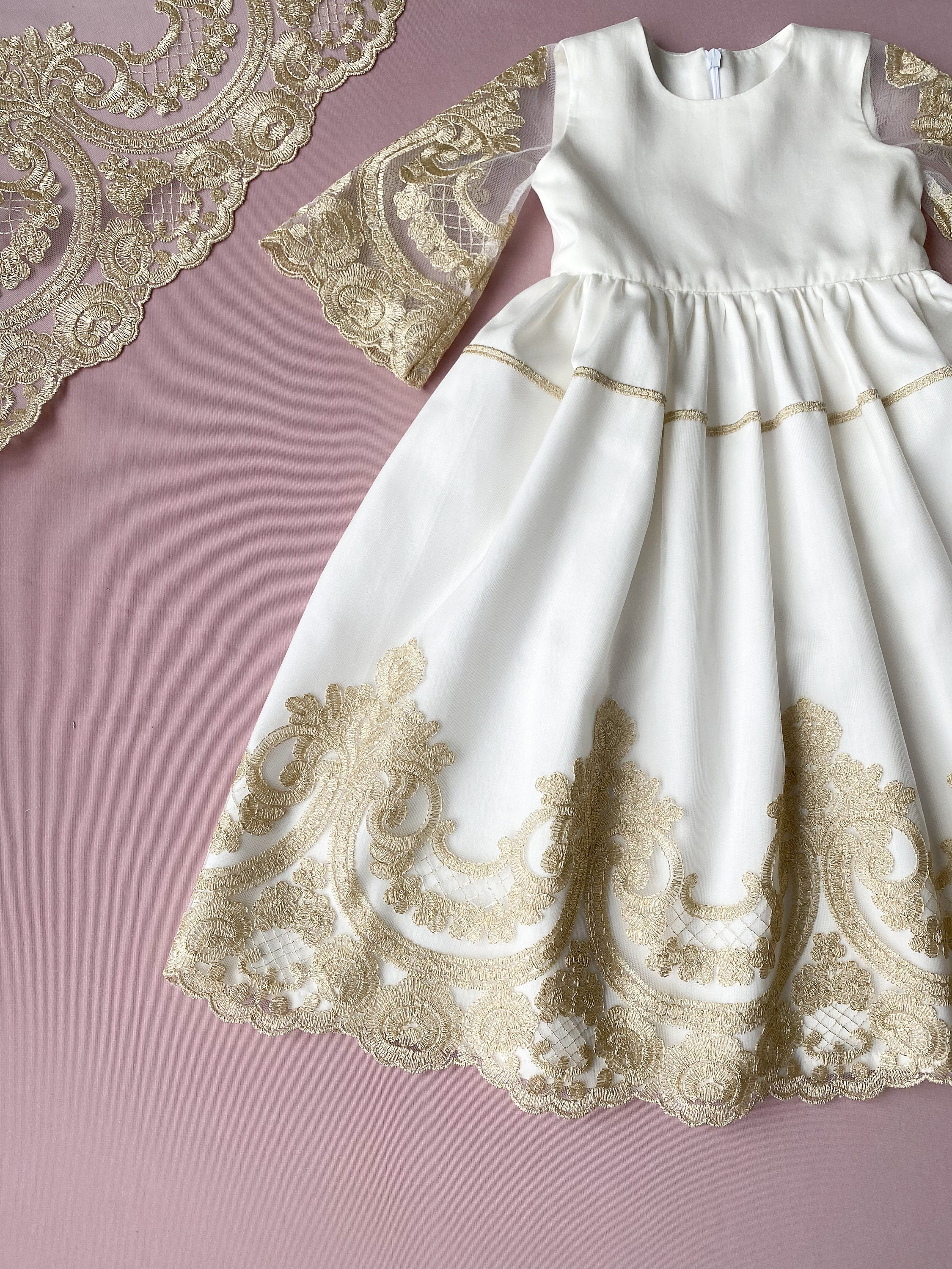 Ivory Baptism Dress: Baby Girl Christening Gown with Gold Lace