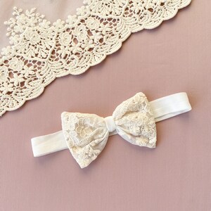 Baby baptism headband with a bow, lace baby headband, christening headband image 2