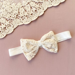 Baby baptism headband with a bow, lace baby headband, christening headband image 3