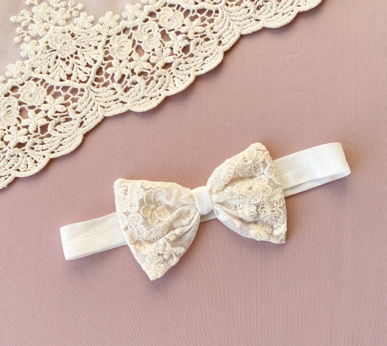 Baby baptism headband with a bow, lace baby headband, christening headband image 3