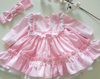 Pink Gingham Cotton Dress with Lace Trim & Headband