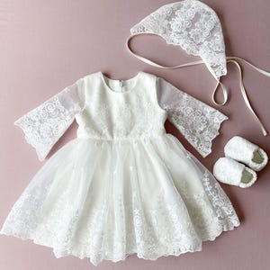 Ivory Cotton Christening Gown: Lace Baby Blessing Dress, Bonnet & Booties