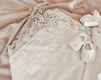 Personalized Baptism Blanket: Embroidered Christening Gift with Lace