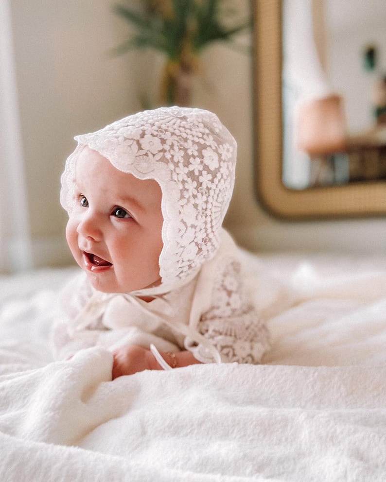 Baptism hat, baptism bonnet, christening bonnet, lace bonnet image 2