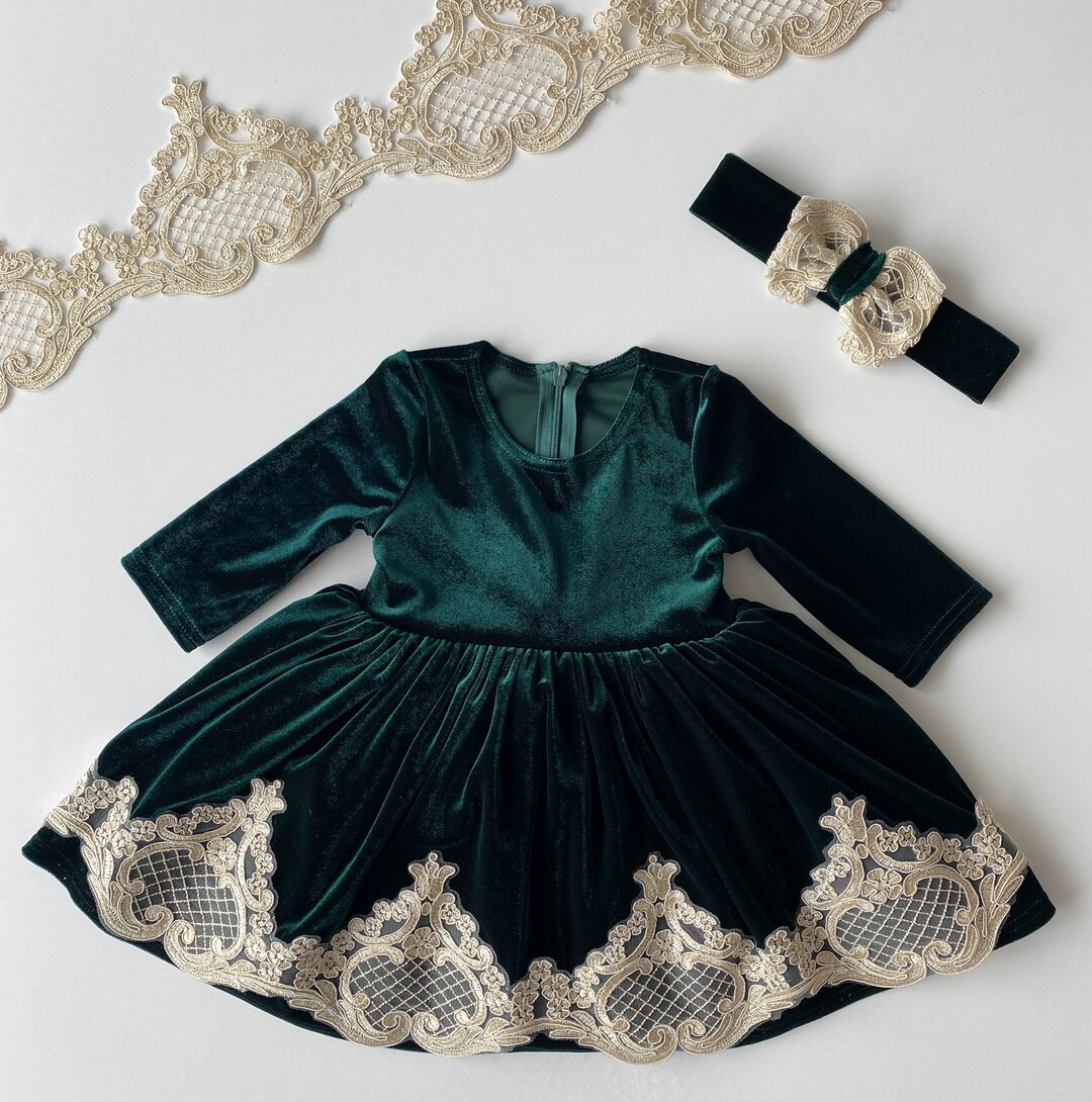 Christmas Dress for Toddler, Green Velvet Dress for Baby Girl, 1st