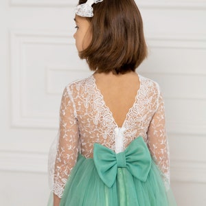 Ivory Satin Flower Girl Dress: Sage Green Tulle Bow
