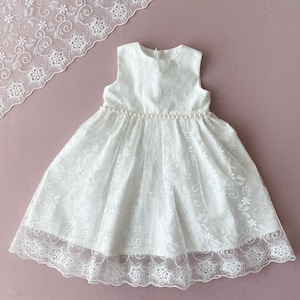 Lace Baptism Dress: Ivory Cotton Christening Gown with Pearl Belt