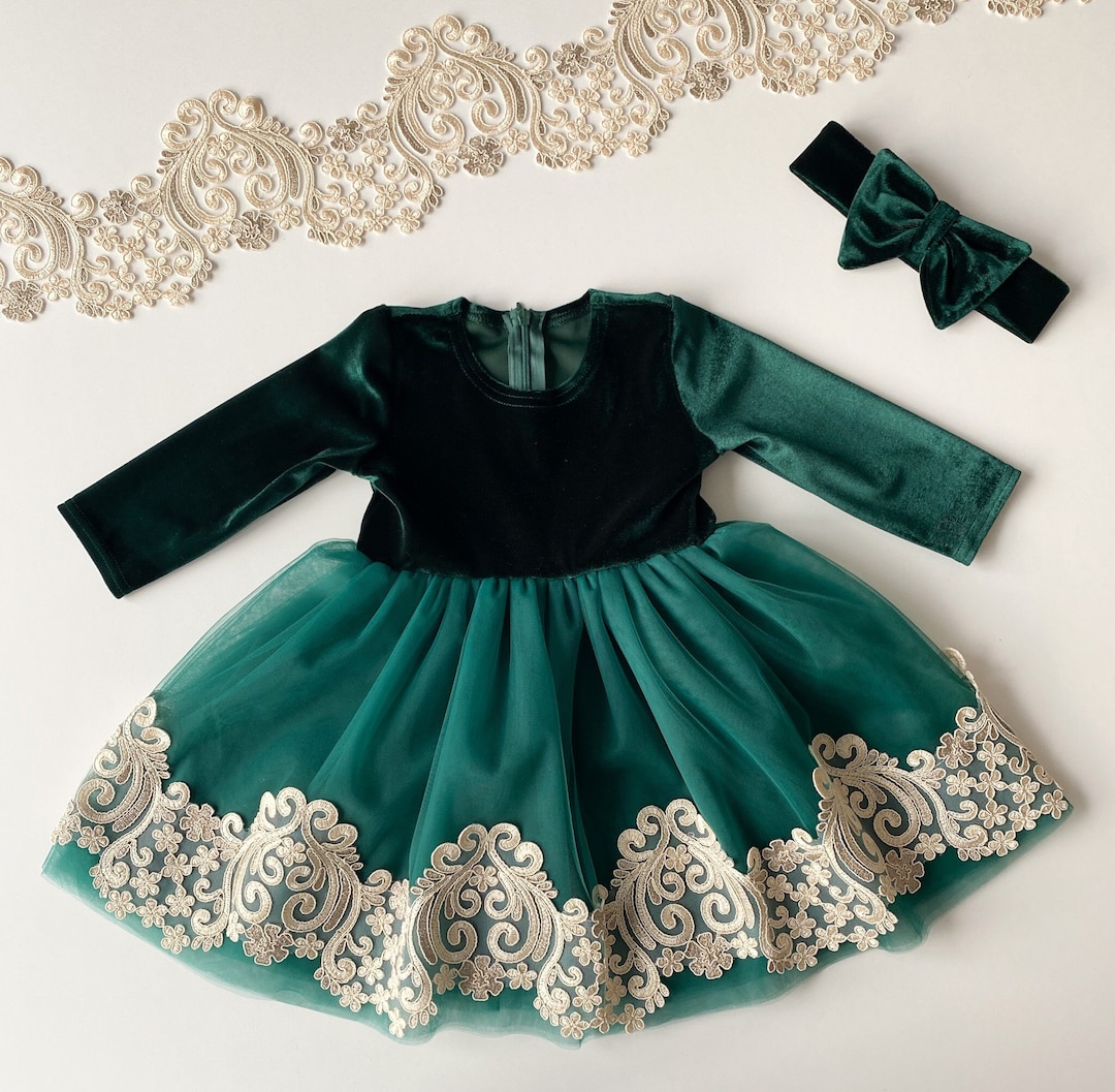 Green Christmas Dress, Toddler Christmas Dress, Green Velvet Dress Girl
