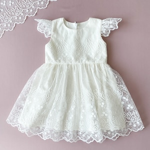Baby Girl Ivory Lace Baptism Dress: Cotton Christening Gown