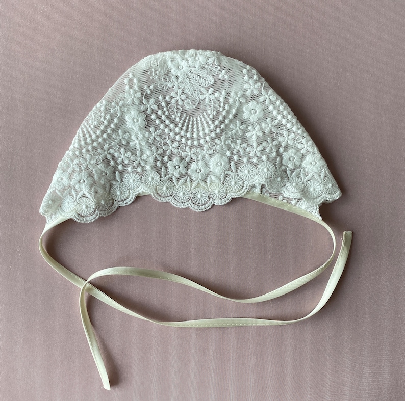 Baptism hat, baptism bonnet, christening bonnet, lace bonnet image 1