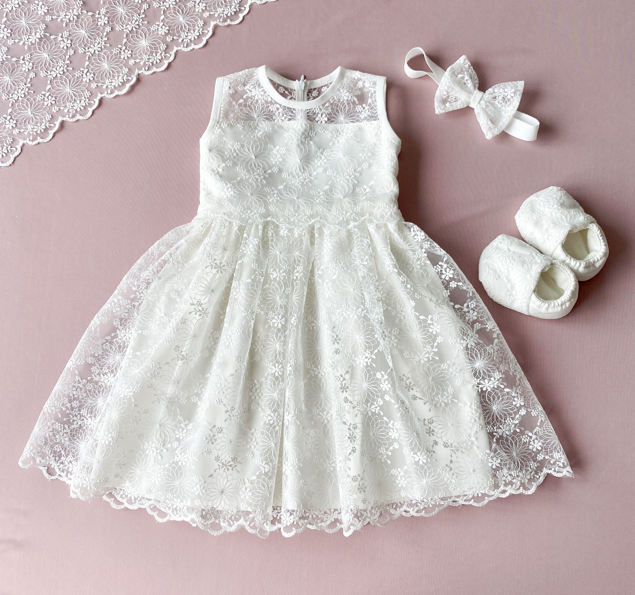 Lace Christening Dress Set: Handmade Baptism Gown, Headband & Booties