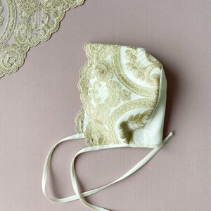 Cotton Baby Bonnet: Golden Lace Christening Outfit