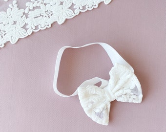 Christening headband, lace bow, ivory baptism headband