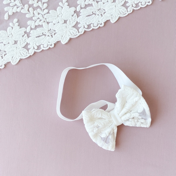 Christening headband, lace bow, ivory baptism headband