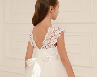 Ivory Lace Flower Girl Dress: V-Back Tulle Skirt, Head Bow