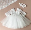 Infant Flower Girl Dress: White Tulle, Lace Bow Headband