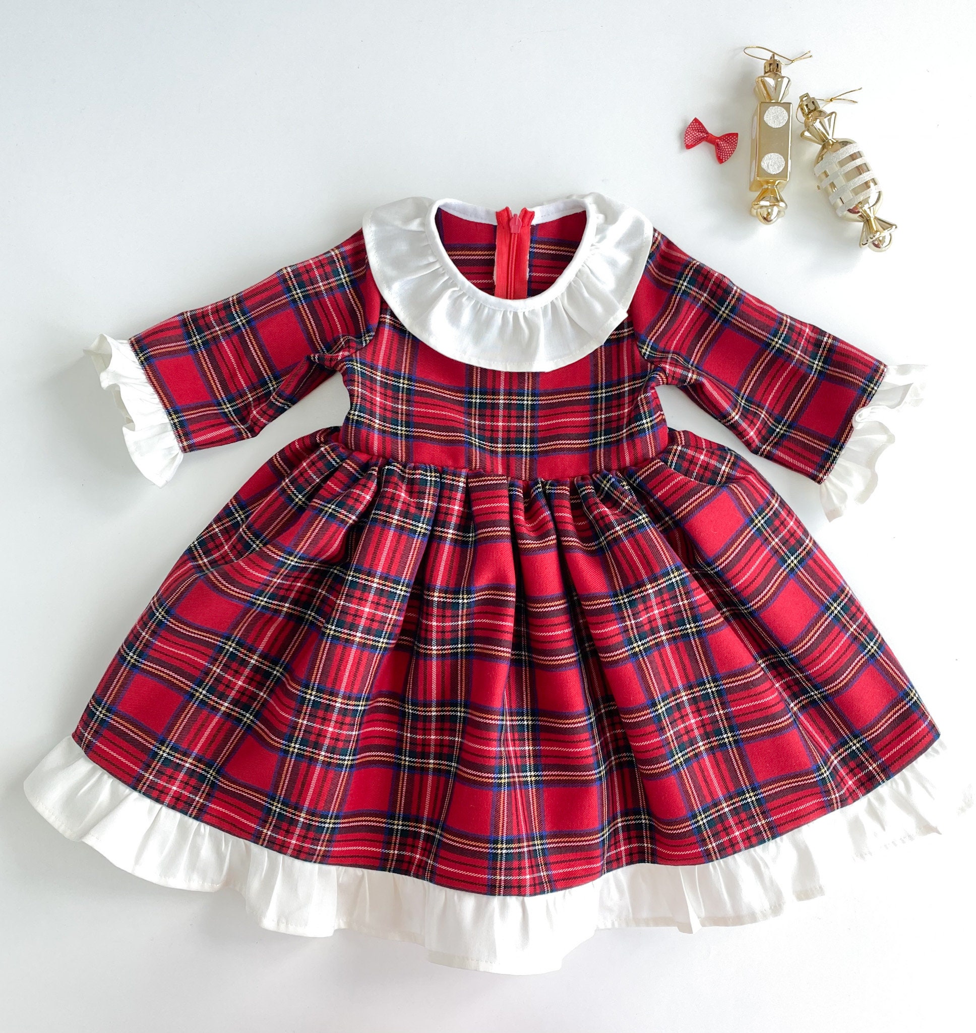 Baby Christmas Plaid Dress: Handmade Red Holiday Gown for Baby Girl Baby Christmas Plaid Dress: Handmade Red Holiday Gown for Baby Girl