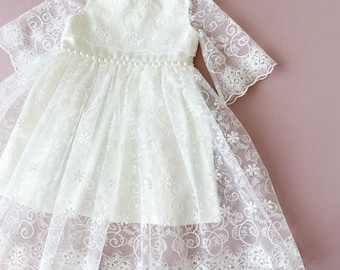 Ivory Cotton Christening Gown: Floral Lace Baptism Dress