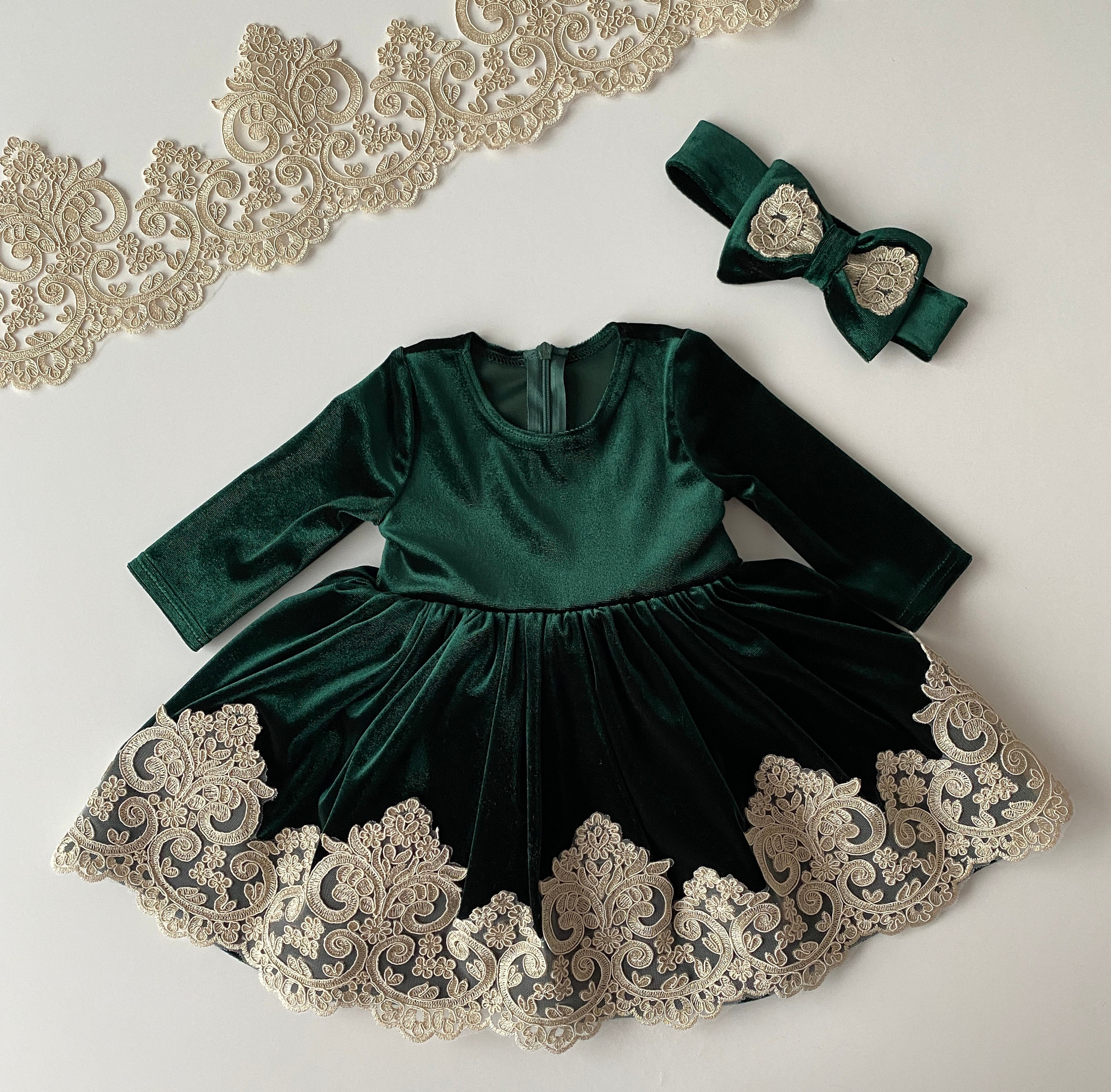 Green Velvet Baby Dress: Christmas Girl Outfit