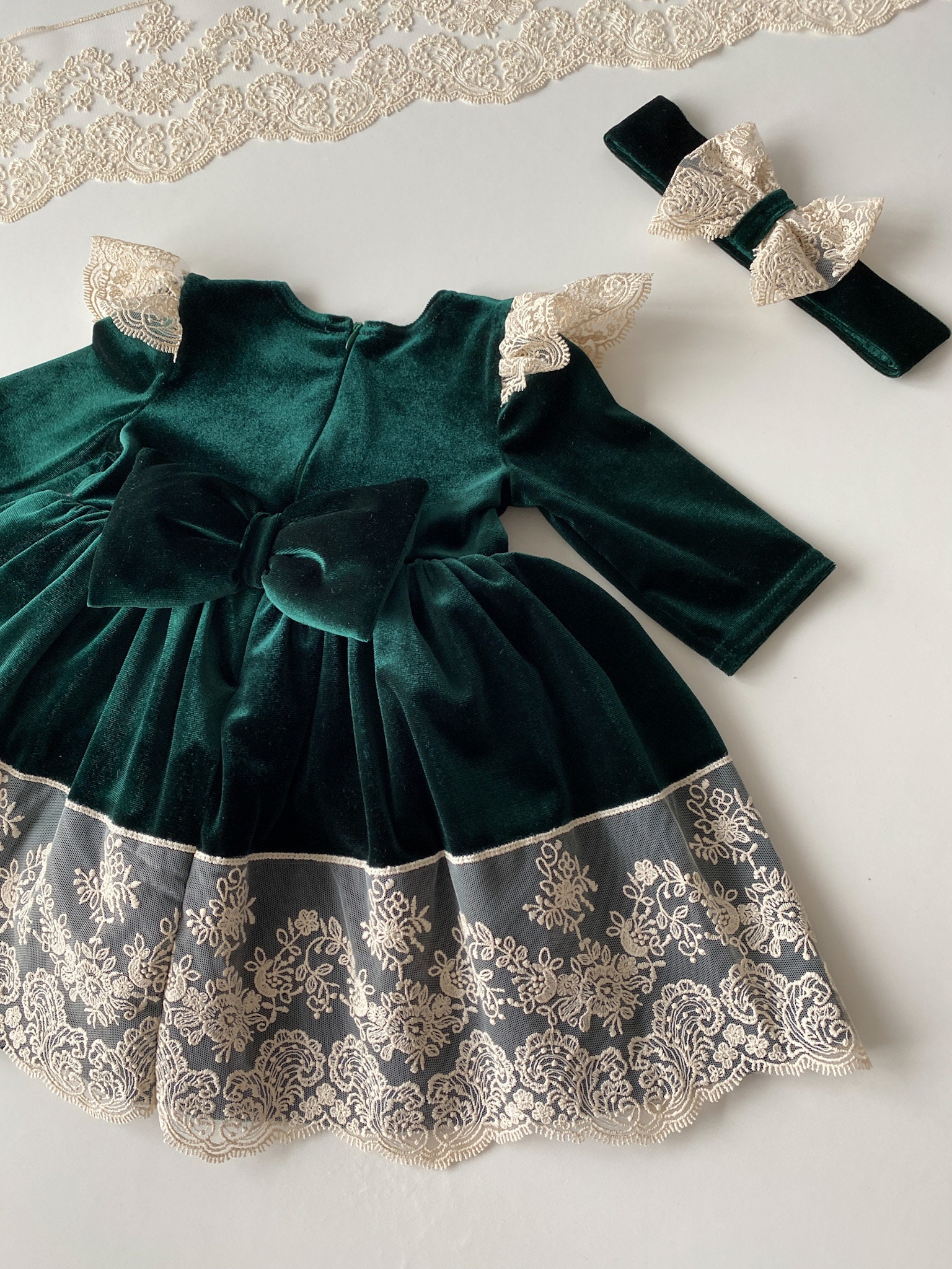 Coffret cadeau de Noël robe velours + bandeau bébé fille - vert