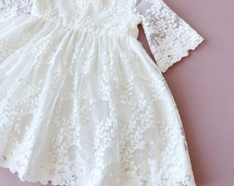 White Lace Christening Gown: Natural Cotton Baptism Dress