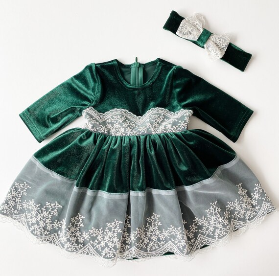 Groene jurk meisjes kerstjurk baby peuter kerstjurk fluwelen groene jurk met kant Etsy Nederland