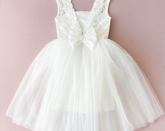 Lace Flower Girl Dress: Tulle Skirt, Satin Top, V-Back