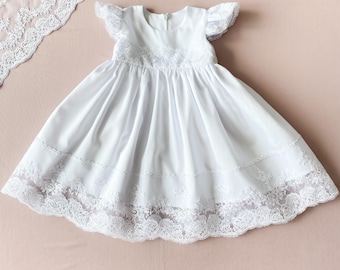 White Cotton Baptism Dress with Ruffle Sleeves