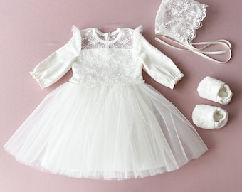 Ivory Christening Gown: Floral Lace Baptism Dress with Bonnet & Booties