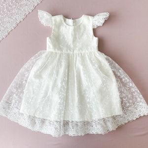 Ivory Cotton Christening Dress: Floral Lace Baptism Gown
