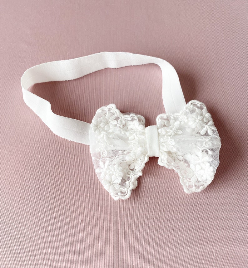 Baptism Headband For Baby Girl Headband Bow Lace Baby Girl Baptism Headband image 2