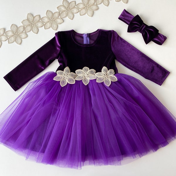 Purple baby girl dress special occasion, christmas dress baby girl, purple flower girl dress, tulle dress for baby girl