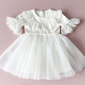 Baby Girl Ivory Lace Christening Gown: Tulle Baptism Dress